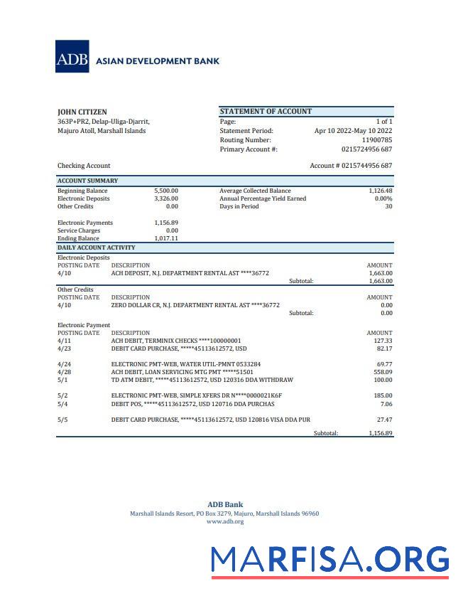 Printable Marshall Islands ADB bank statement excel template